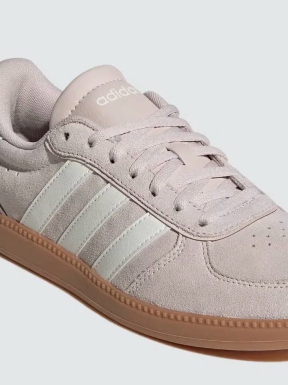 adidas Suede Low-Top Sneakers in Pale Pink with White Stripes and Gum Sole